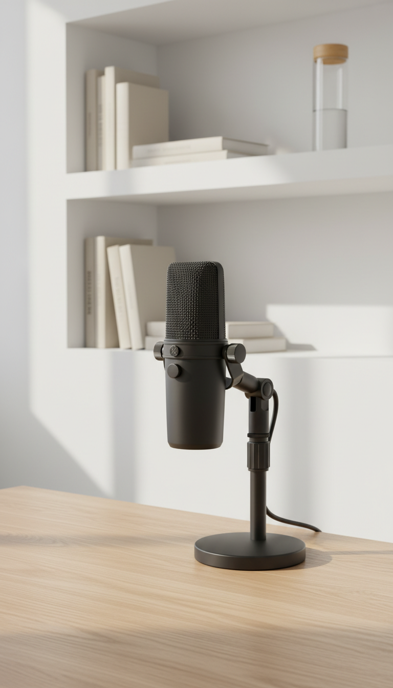 A sleek, high-end studio microphone crafted from matte black metal with finely detailed mesh grilles, sitting on a minimalist desk with subtle wood grain and a sturdy adjustable stand. The background features clean white walls, tidy shelving with tastefully arranged neutral-toned books, and a glass water bottle. Illuminated by soft, diffused natural light pouring in from an unseen window, the microphone and desk surface exhibit delicate highlights while gentle shadows add depth. The photographic composition uses an eye-level perspective and the rule of thirds, emphasizing clarity and calm professionalism. The image’s mood is focused, inviting, and corporate, aligning with a clean, structured site aesthetic for a modern podcast.